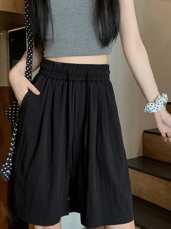 سراويل قصيرة صيفية واسعة الساق من الحرير الجليدي للنساء، فضفاضة ومريحة، عالية الخصر، بقصة مستقيمة، نمط كوري عصري