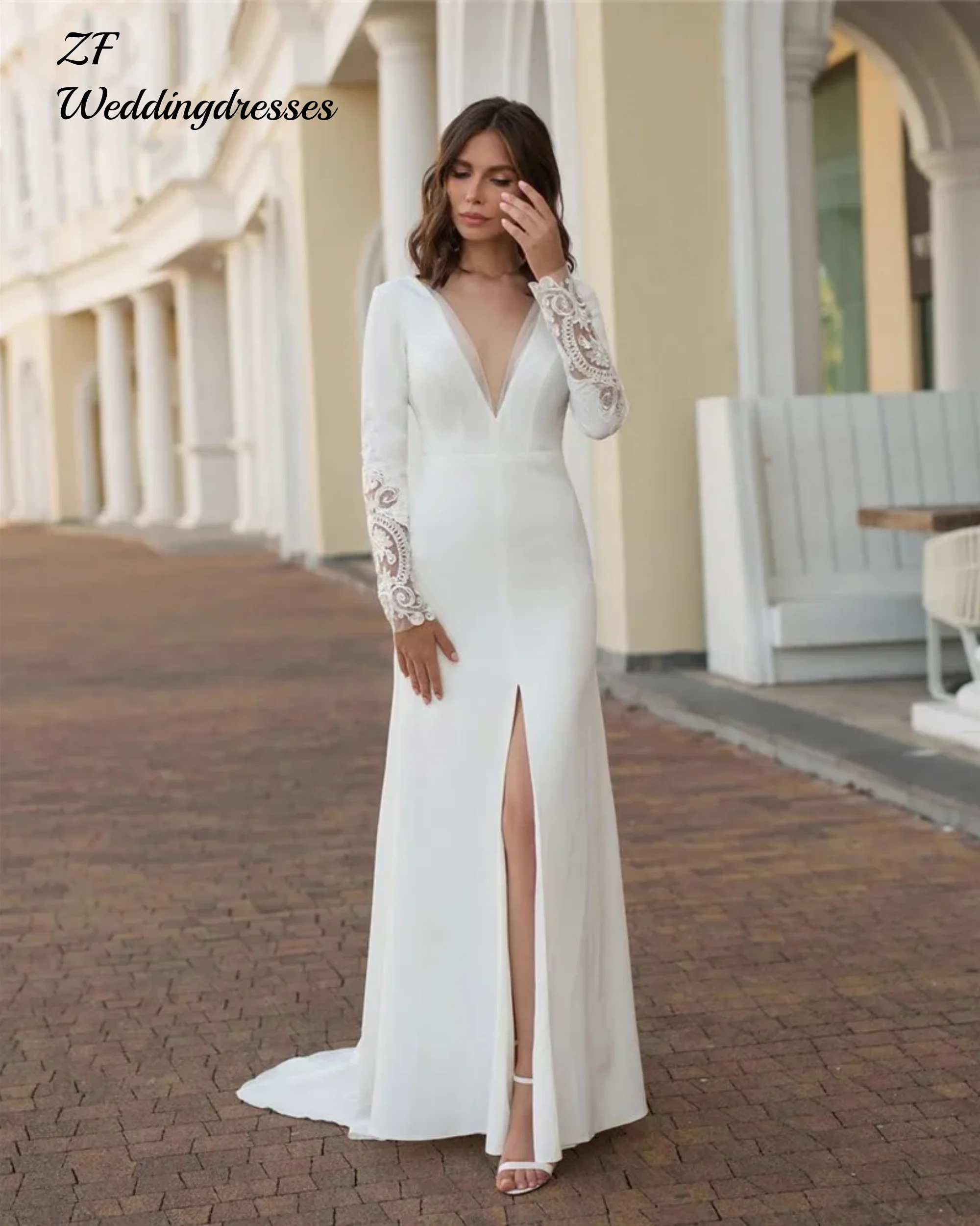 

Сексуальное свадебное платье русалки с v-образным вырезом по индивидуальному заказу, длинные рукава, кружевные аппликации, элегантное свадебное платье с высоким разрезом и открытой спиной, современное платье