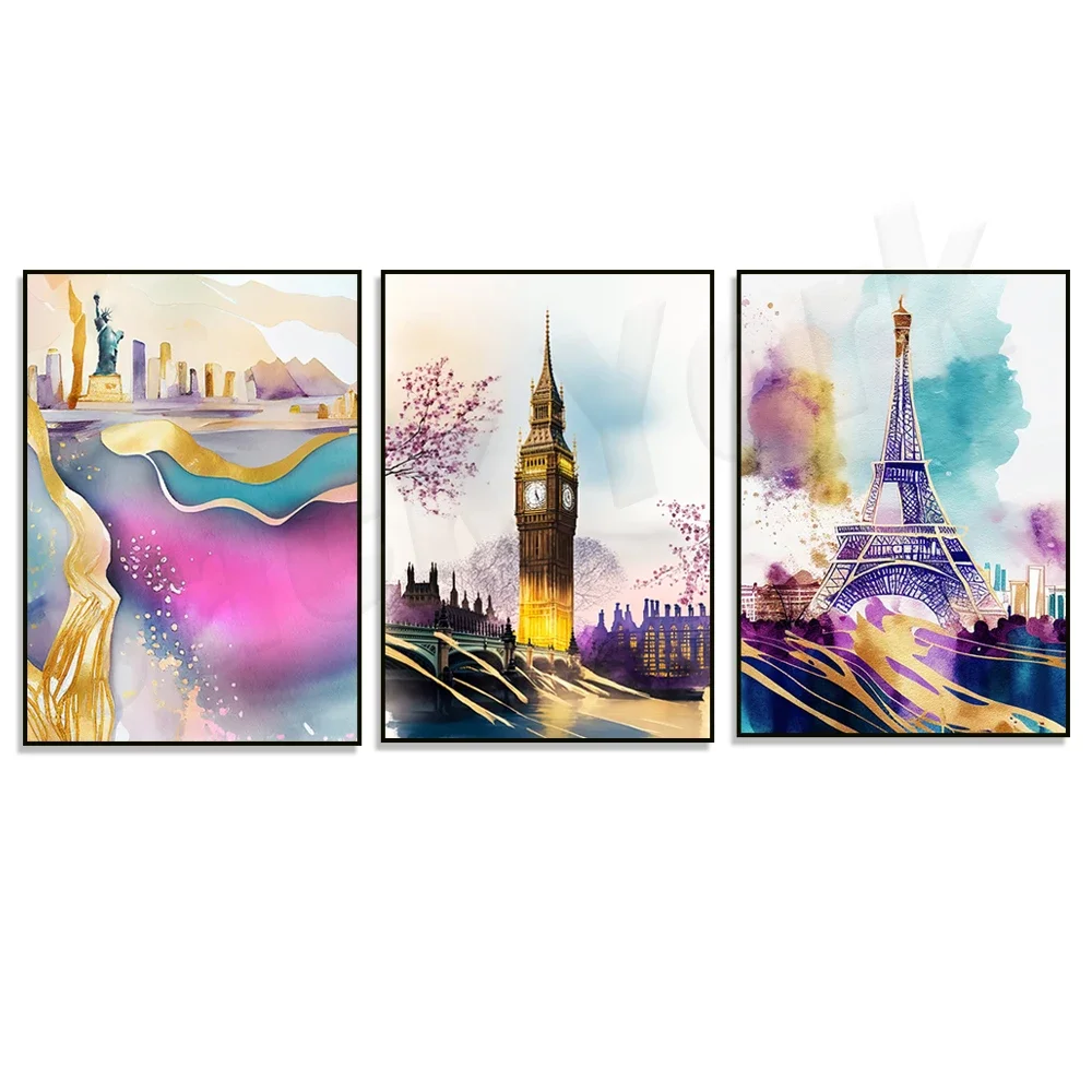 

London, Paris, New York cityscape, pastel abstract print, gold, purple, black, yellow, contemporary art travel poster