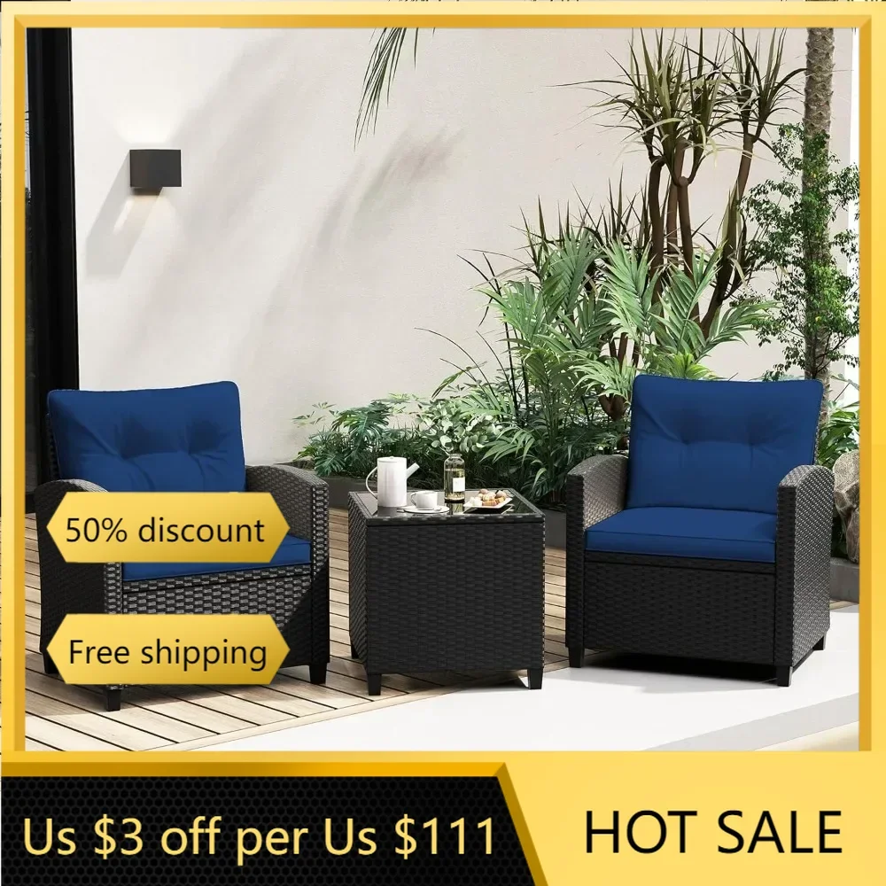 

3-Piece Patio Furniture Set - Wicker Rattan Bistro Sofa Set w/Glass Top Coffee Table,Outdoor Furniture Conversation Set