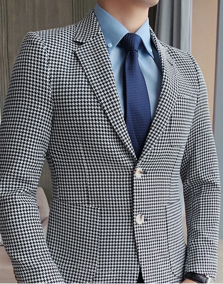 Plaid Men Blazer 1 Pc Casual Houndstooth Suit Jacket Large Size Male Fashion Notched Lapel Check Coat 2024