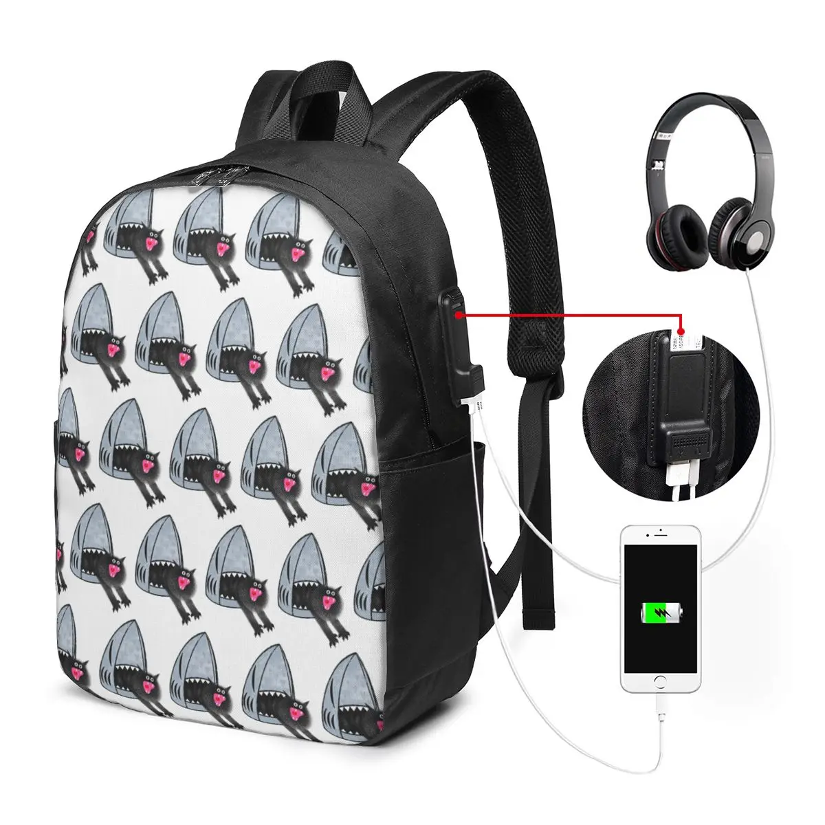 Funny Black Cat And Shark Backpack Travel Notebook Bag Computer College Student School Bag Laptop Shoulder Bags for Men Women