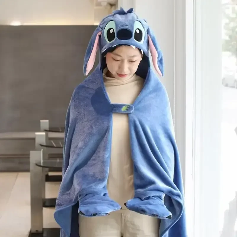 New Miniso Anime Stitch Alien Cartoon Blanket Wearable Cloak Cape Hooded Thicken Plush Flannel Sofa Blanket For Friends Gift