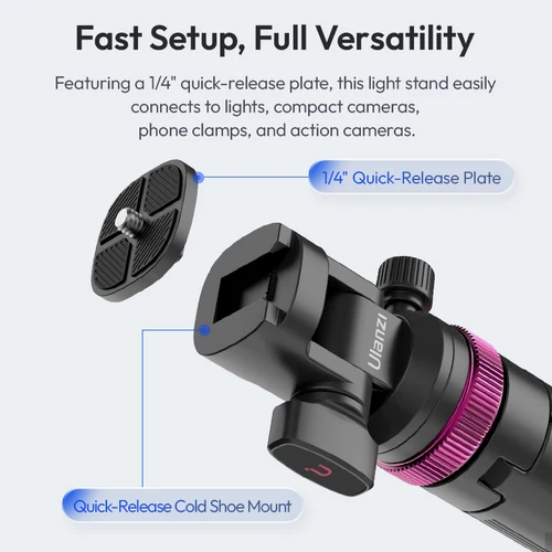 Imagen 2 del producto Ulanzi MT-89 Soporte de luz de liberación rápida de 2M con soporte de zapata fría Trípode de fotografía extensible de 8 secciones para cámara de acción Abrazadera de teléfono