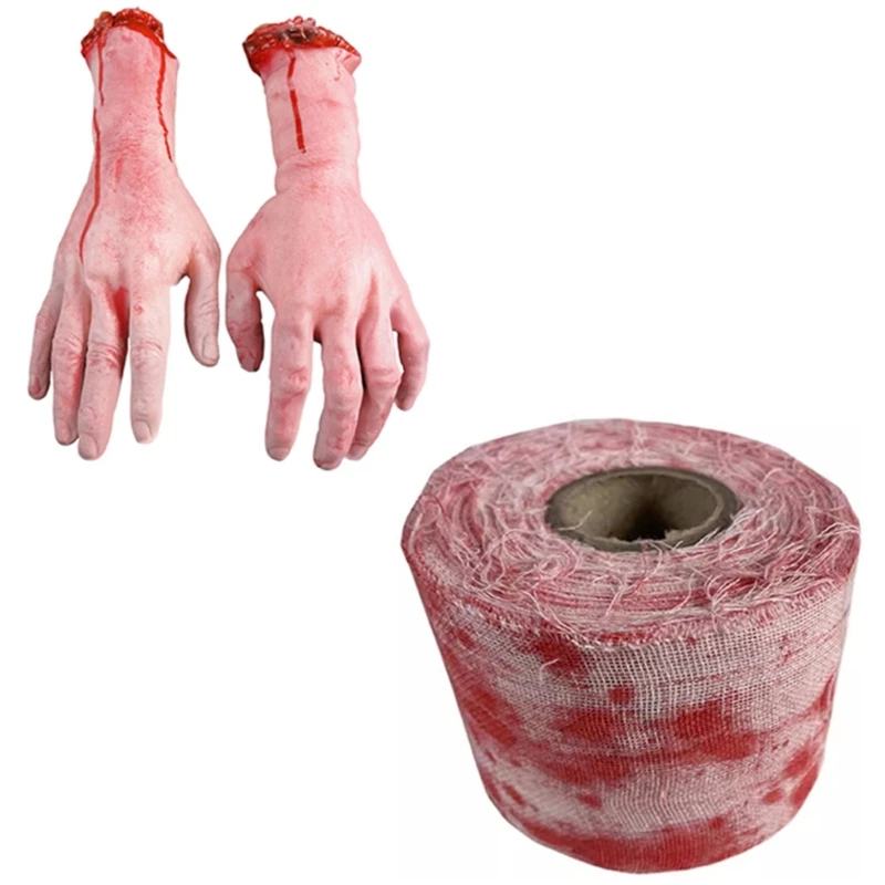 Q0KE Halloween Bloody Gauze Broken Severed Hands Scary Blood Bandage Dead Body Part Haunted House Halloween Decorations