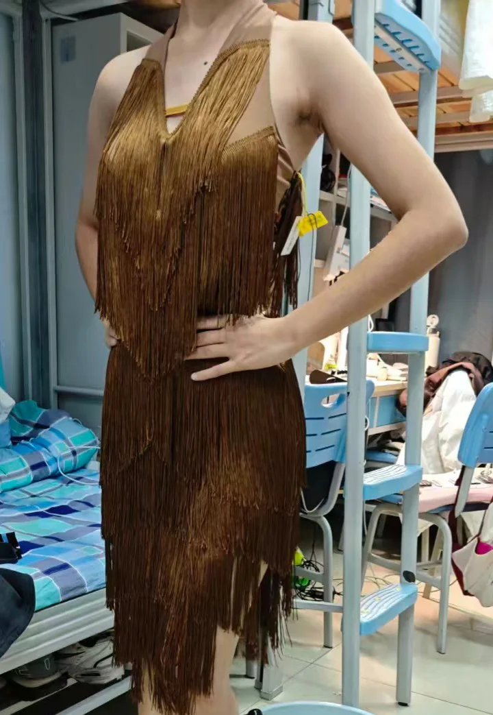 Women Backless Fringe Sexy Brown Dress Cha Cha Rumba Samba Tango Dance Costume Prom Wear Latin Dance Copetition Dress view 2