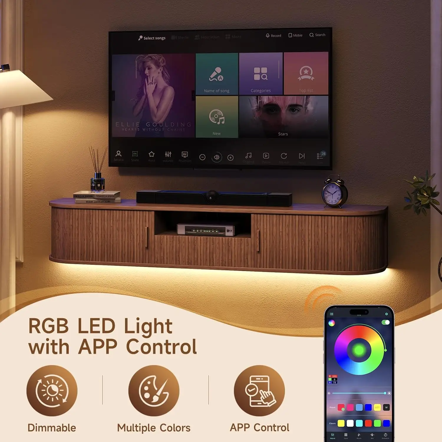 70 Inch Smart Floating TV Stand with LED Lights & Power Outlet - App Control Entertainment Center for 80" TVs, Mid-Century Modern Fluted Wood Design Living Room Storage Cabinet,Walnut view 6