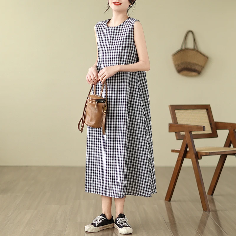 

Корейское длинное хлопковое льняное платье Dr No Sve Plaid Faionable Summer Maxi Dr для больших размеров для женщин до 200 Pou