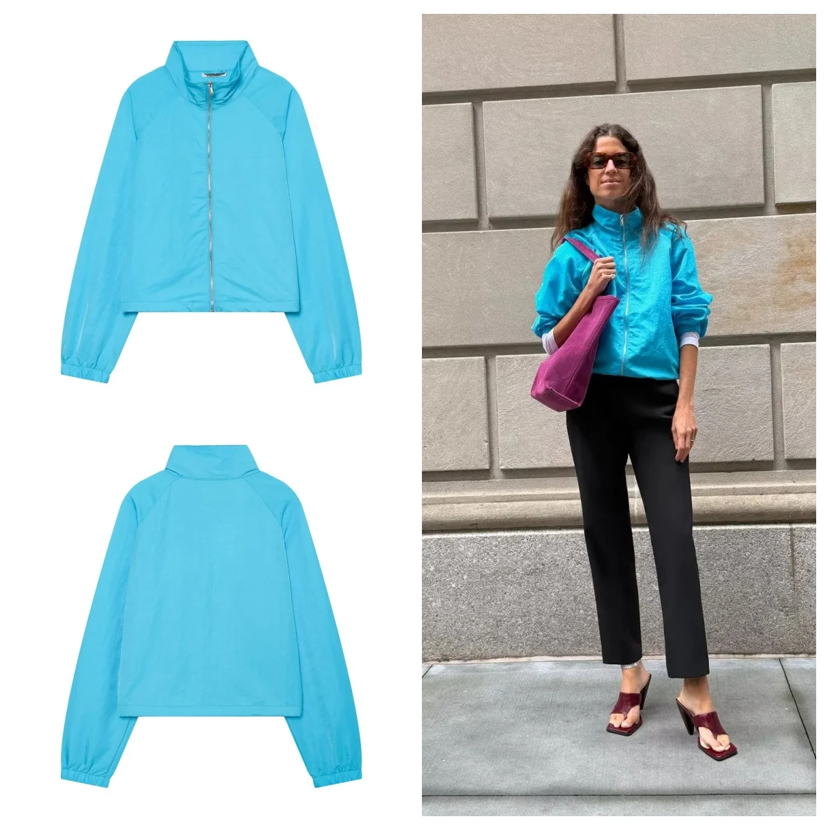 Women's Cropped Full Zip Jacket Stand Collar Raglan Sleeves Elastic Cuffs Tech Fabric Lightweight Wind Resistant Casual  Coat