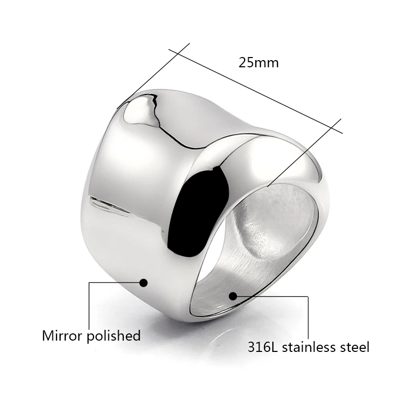 Stainless Steel Punk Big Wide Heavy Rings for Women Curved Chunky Finger Rings Shiny Mirror Polish High Quality Hip Hop Jewelry