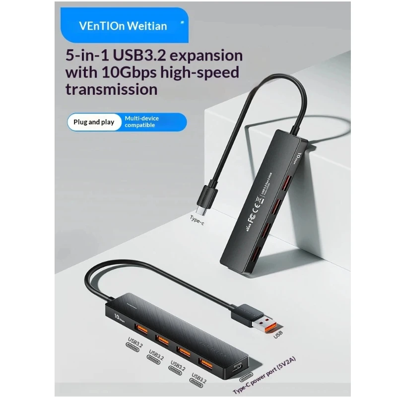 

USB-хаб Vention USB 3.2 Gen2 с 4 портами, 10 Гбит/с, Type-C, с портом питания, многоинтерфейсный расширитель для MacBook, ноутбуков и настольных ПК