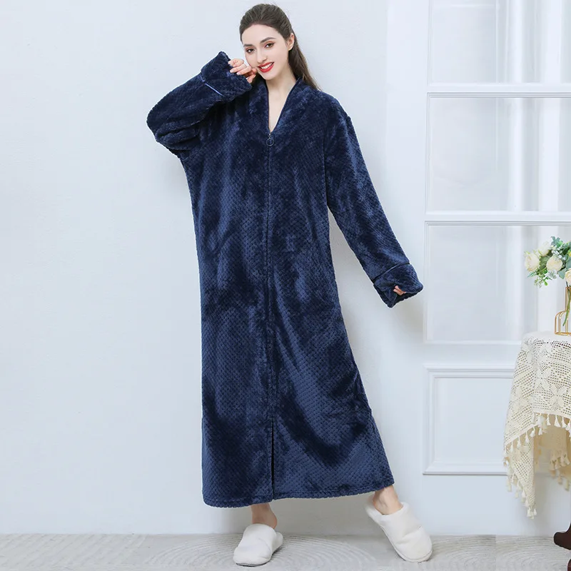 New Thickened Zipper Nightgown Flannel Nightgown Autumn and Winter Sleepwear Solid Color Men's and Women's Bathrobe