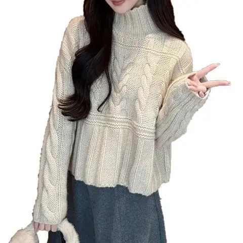 2026 Winter New Semi-turtleneck Twist Sweater Women's Design Loose and Thin Casual Versatile Top