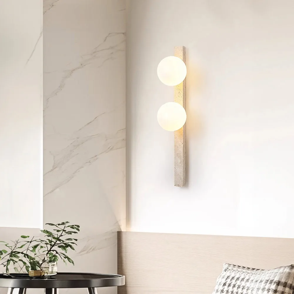 Glass Ball Yellow Travertine Stone, Wabi-sabi Modern style, Wall Sconces Light for Bedroom, Living,  Corridor, Entrance Hall
