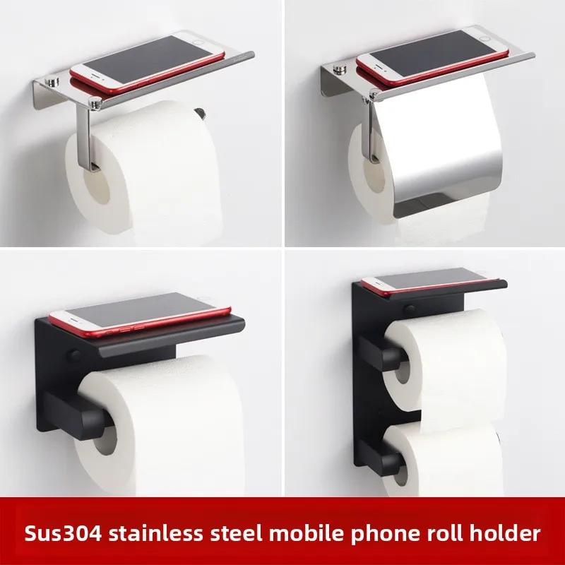 

Toilet Paper Holder 304 Stainless Steel Shelf Holder No-drill Toilet Roll Paper Storage Shelf Tissue Holder with Phone Placement