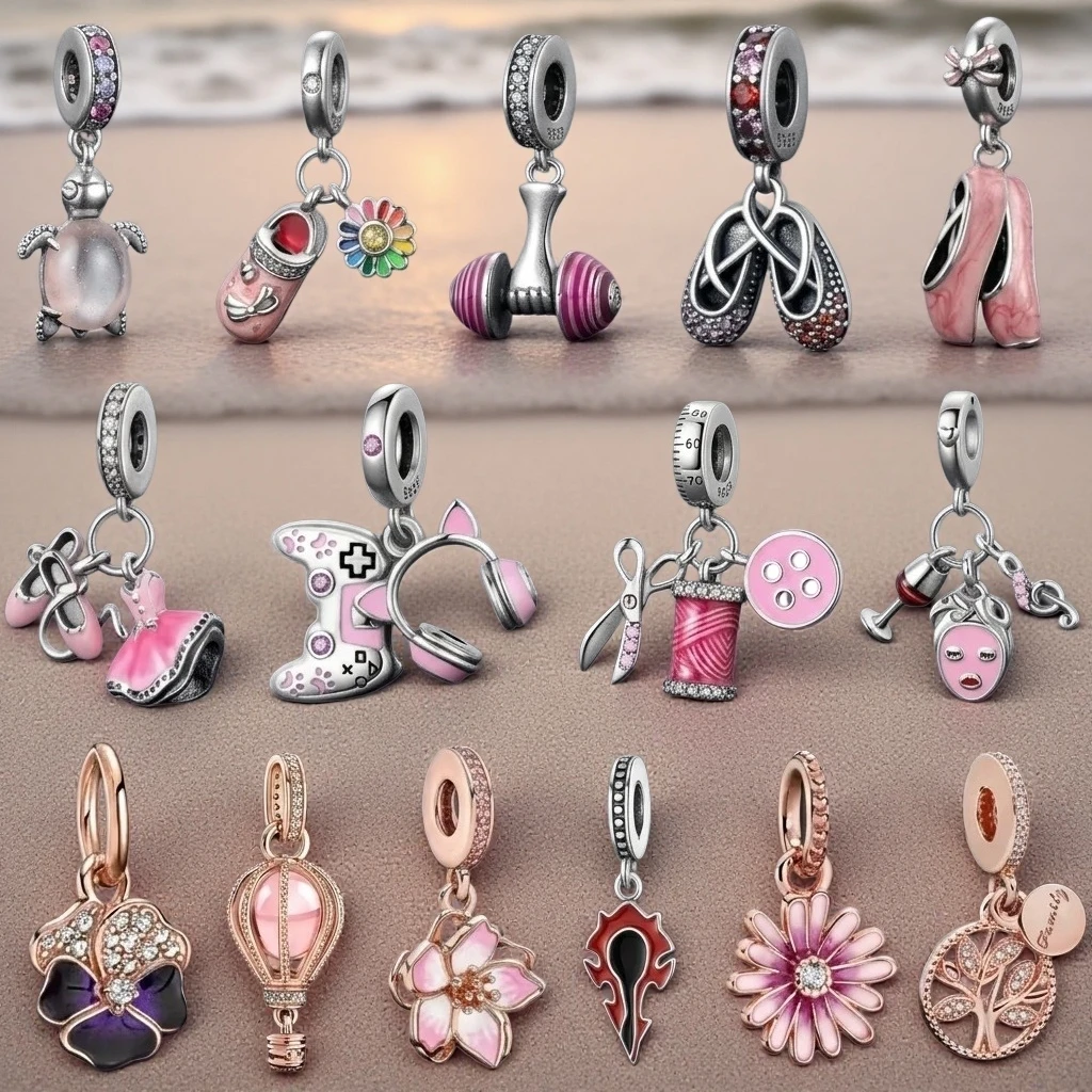 Women for Jewelry DIY Charms Beads Pink Style Dangle Ballet Shoe Turtle Dumbbell Pendant 925 Sterling Silver Accessories