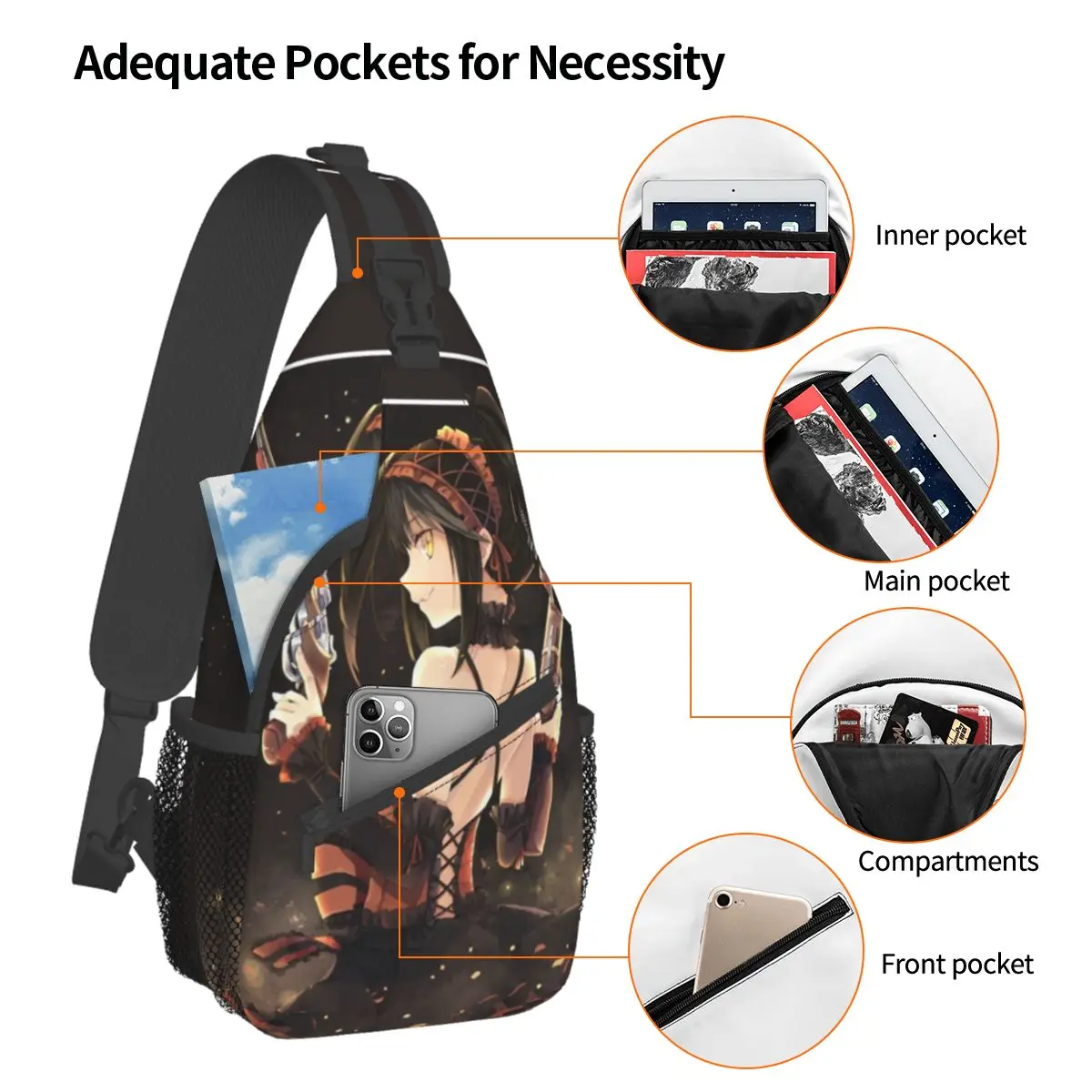 Tokisaki Kurumi Date A Live Crossbody Sling Bags Printed Chest Bag manga anime Shoulder Backpack Daypack Hiking Outdoor Cycling