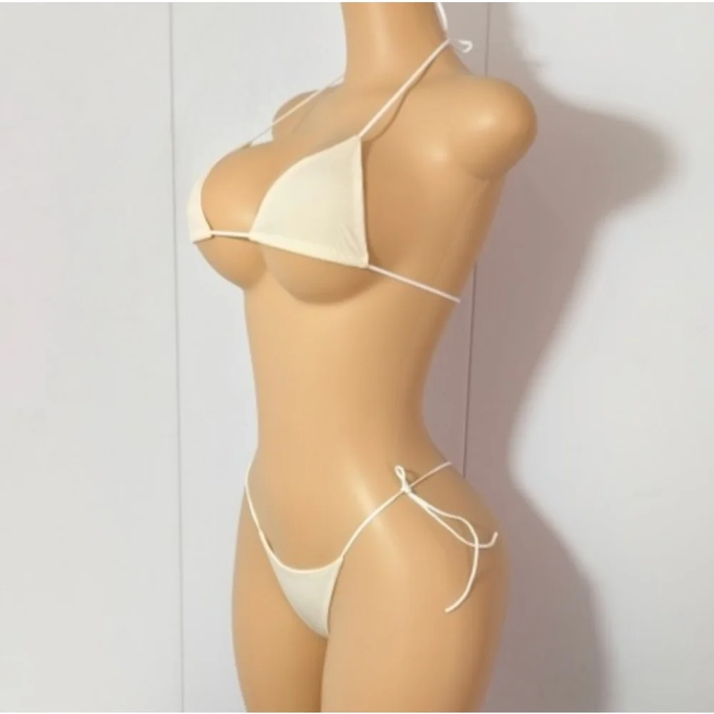 Plain Color Brazilian Swimwear Women Bra Thong Bikini Set Side Tie Bandage Adjustable Split Swimsuit Beachwear Ladies