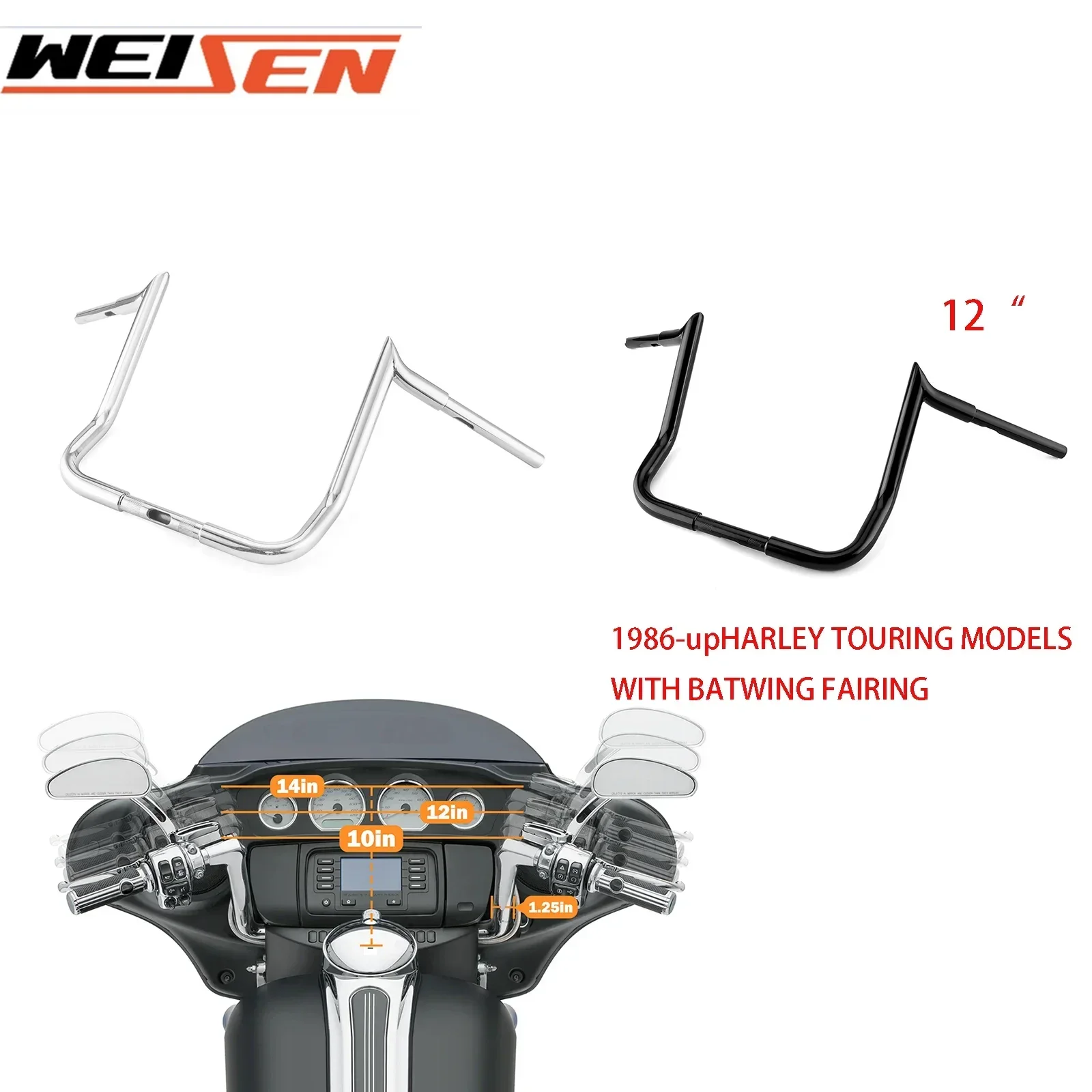 

Motorcycle 1 1/4" 12" Meathook Bar Ape Hangers Handlebars for 1986-2023 Harley Touring Electra Glide Street Glide Tri Glide