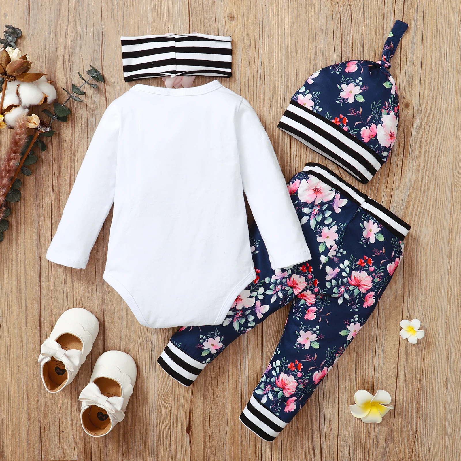 0-18 Months Newborn Baby Girl 4PCS Clothing Set Long Sleeve Bodysuit+Floral Pants+Headwear+Hat Toddler Baby Girl Daily Wear