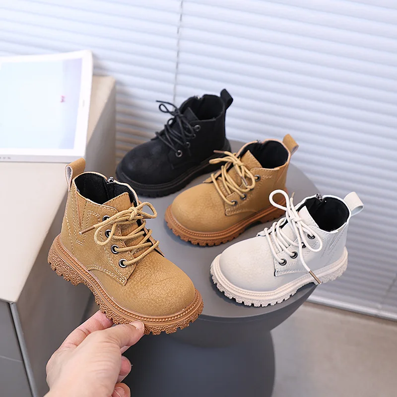 Fashion Boy Girl Short Boots Non-Slip Vintage Style Boots Children's Side Zipper Design Single Boots Leather Boots Anti-skid