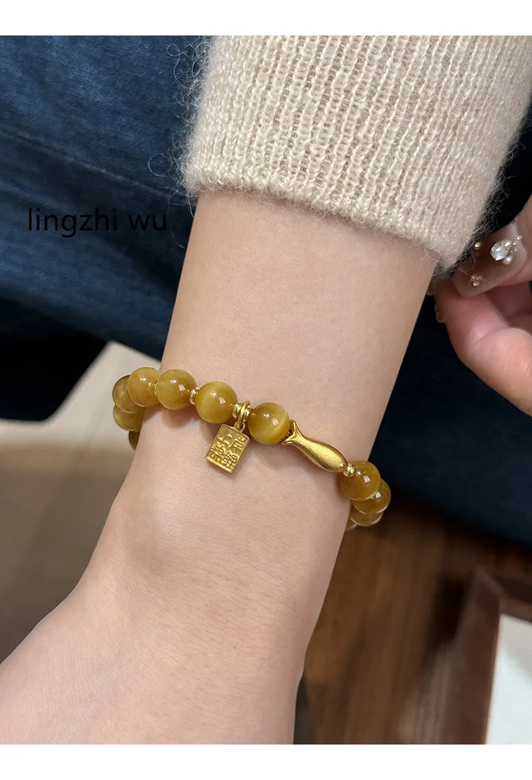 lingzhi wu Women 7A Golden Tiger Eye Stone Bracelet Placer Gold Koi Good Lucky Bracelets Female Luxury Chinese Style New