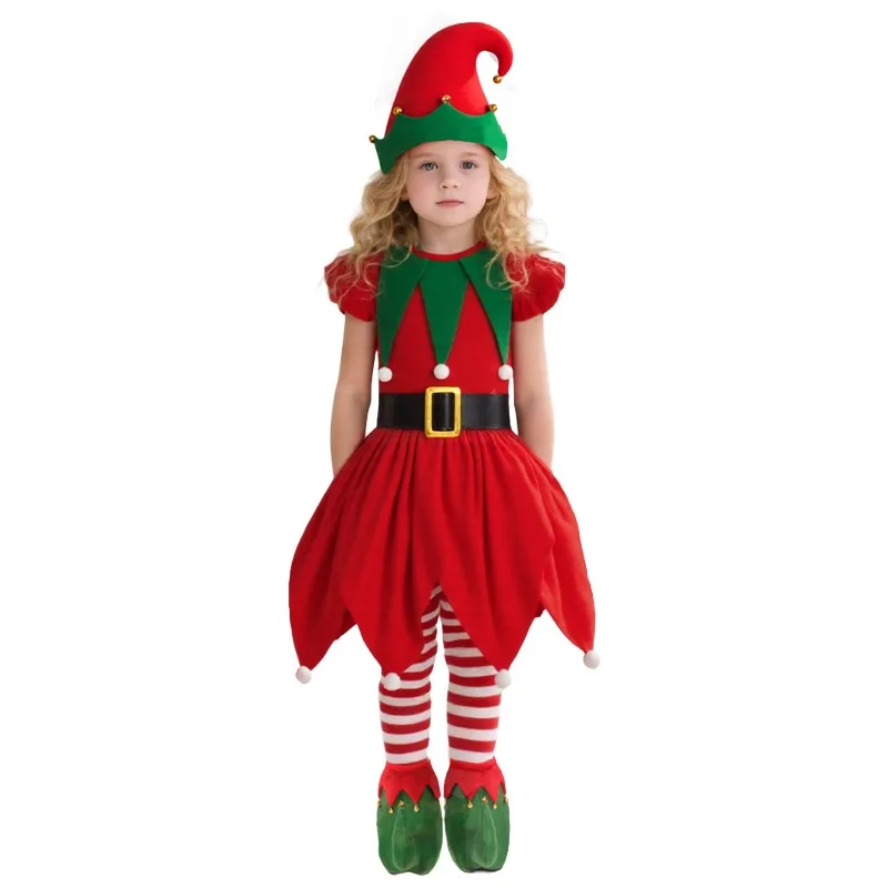 

Girls Elf Cosplay Costume Christmas Red Elf Dress with Hat Santa'sParty Outfits Holiday Stage Performance Xmas Gifts