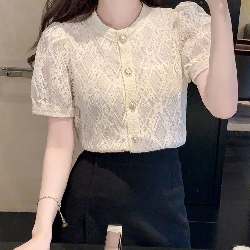 Elegant Lace O-Neck Solid Color Hollow Out Button Oversized Shirt Summer New Chic Tops Loose Commute Fashion Woman Blouses 2022