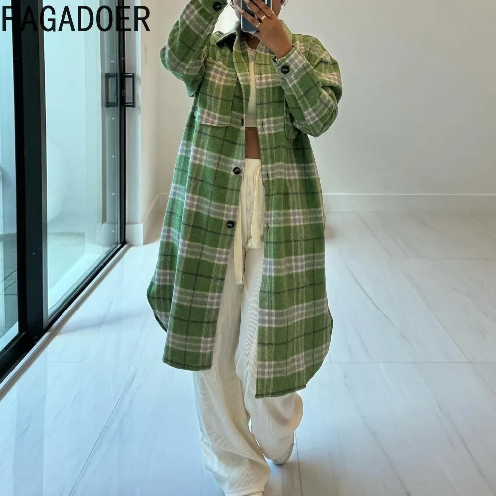 

FAGADOER Fashion Plaid Printing Button Shirt Overcoat Women Turndown Collar Long Sleeve Pocket Tops Spring New Matching Jacket