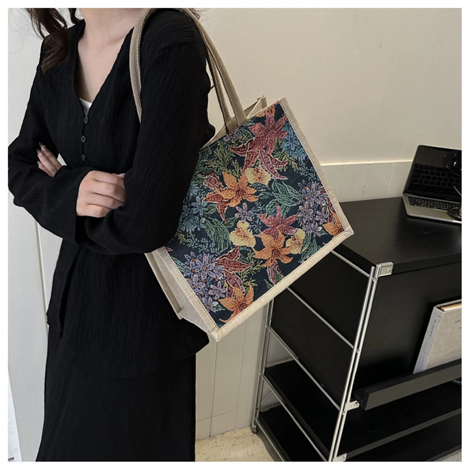 Simple Fashionable Large Capacity Tote Bag Plant Flower Casual Shoulder Bag Trendy Commuter Bag for Women