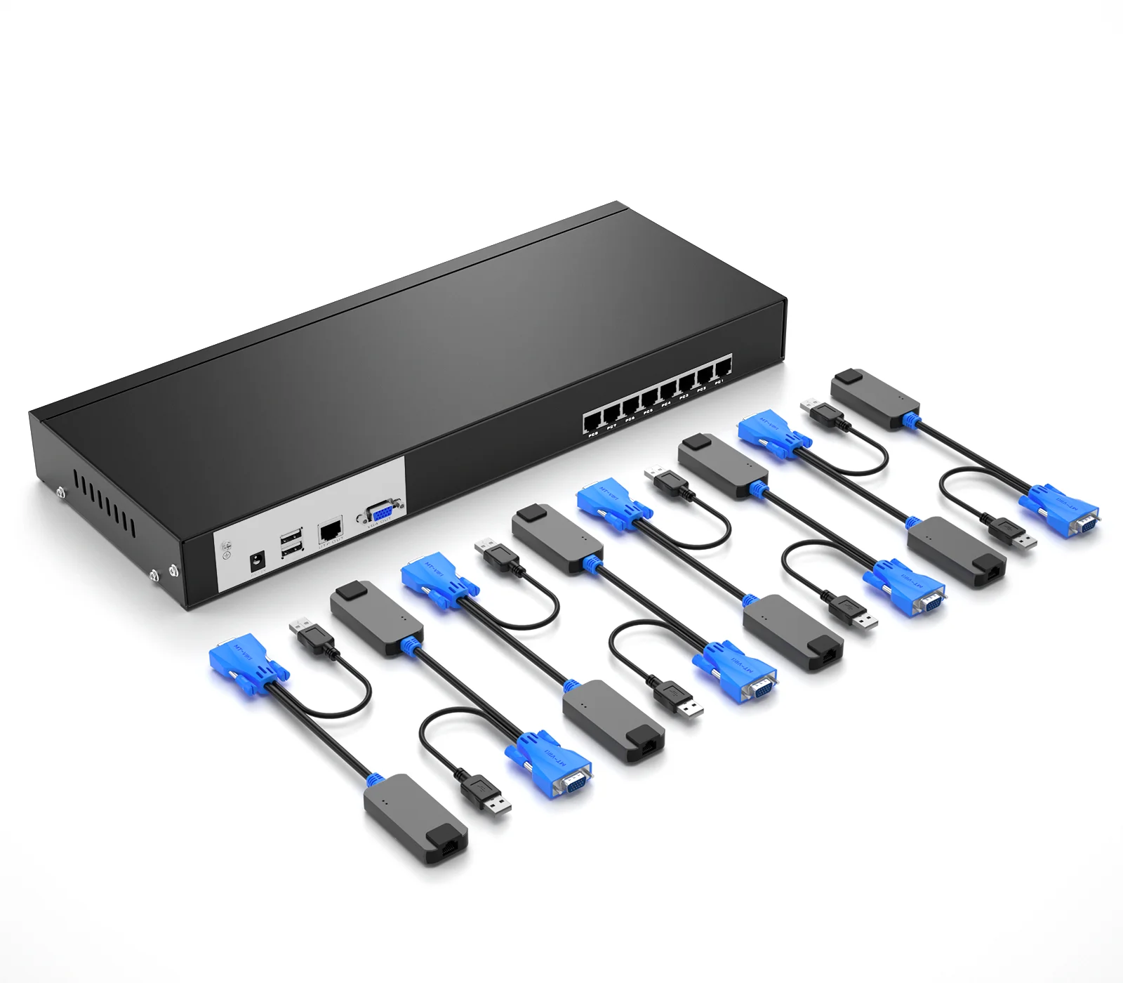 8-Port KVM Ethernet Switch + VGA to RJ45 Adapter 1U Rack-mounted KVM Console over Cat5e 6/7 LAN