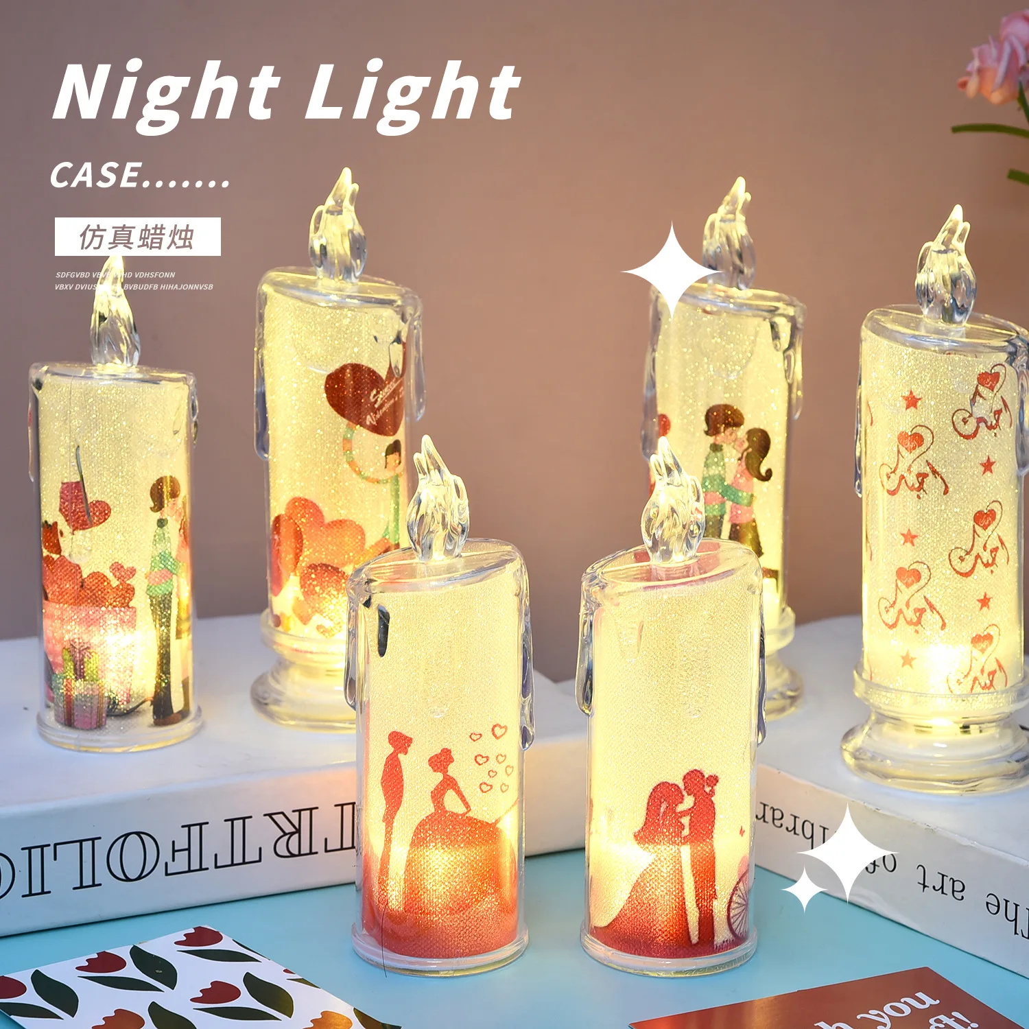 Glowing Toys Electronic Candle Light Transparent Built-In Printed Led Simulation Candle Flameless Atmosphere Light Holiday Decor