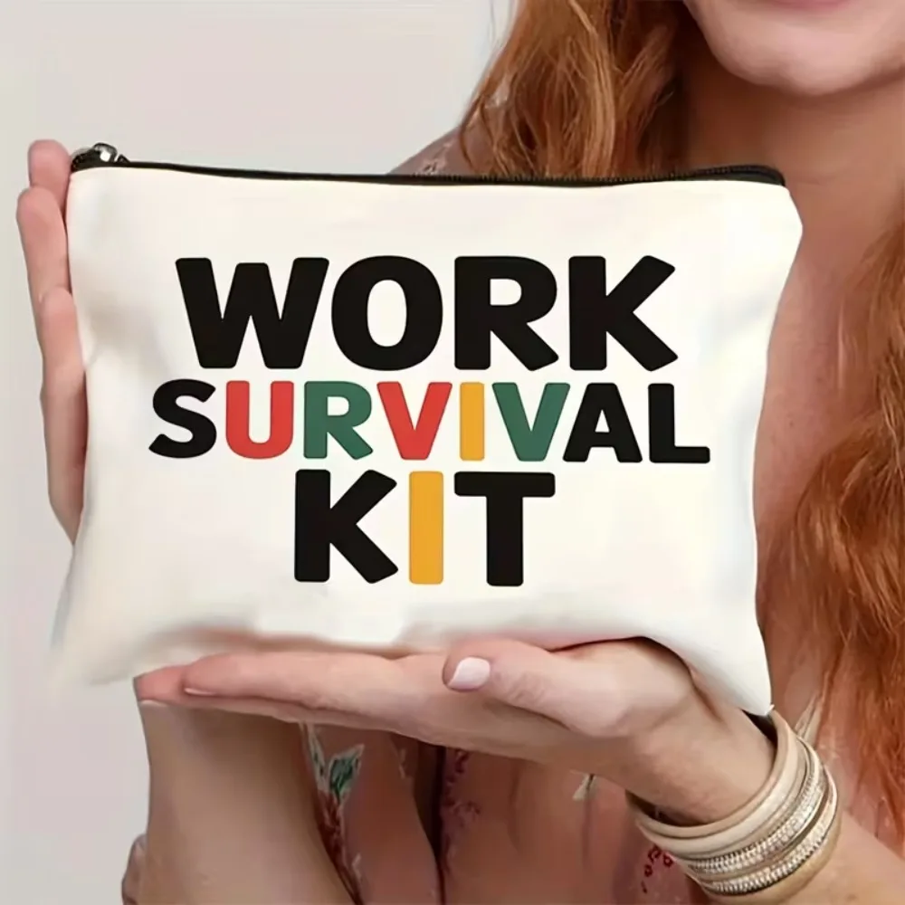 Colorful Work Survival Kit Cosmetic Pouch Humorous Office Gift Portable White Canvas Zipper Women Work Essentials Organizer Bag