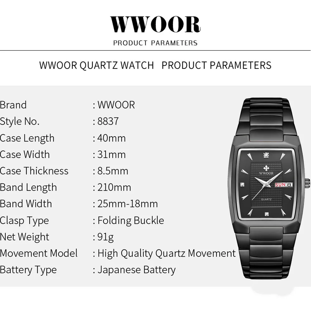 WWOOR Luxury Men\'s Wristwatch Top Brand Fashion Square Dial Stainless Steel Calendar Waterproof Men Quartz Watches Casual Clock