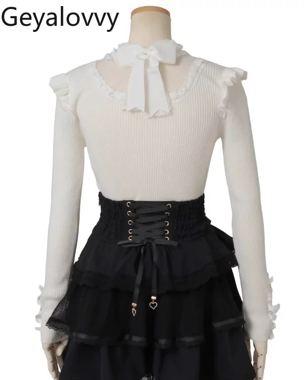 Lolita Japanese Style Versatile Long Sleeve Pullover Sweater Mass-Produced New Sweet Cute Lolita Lace Patchwork Knitted Shirt