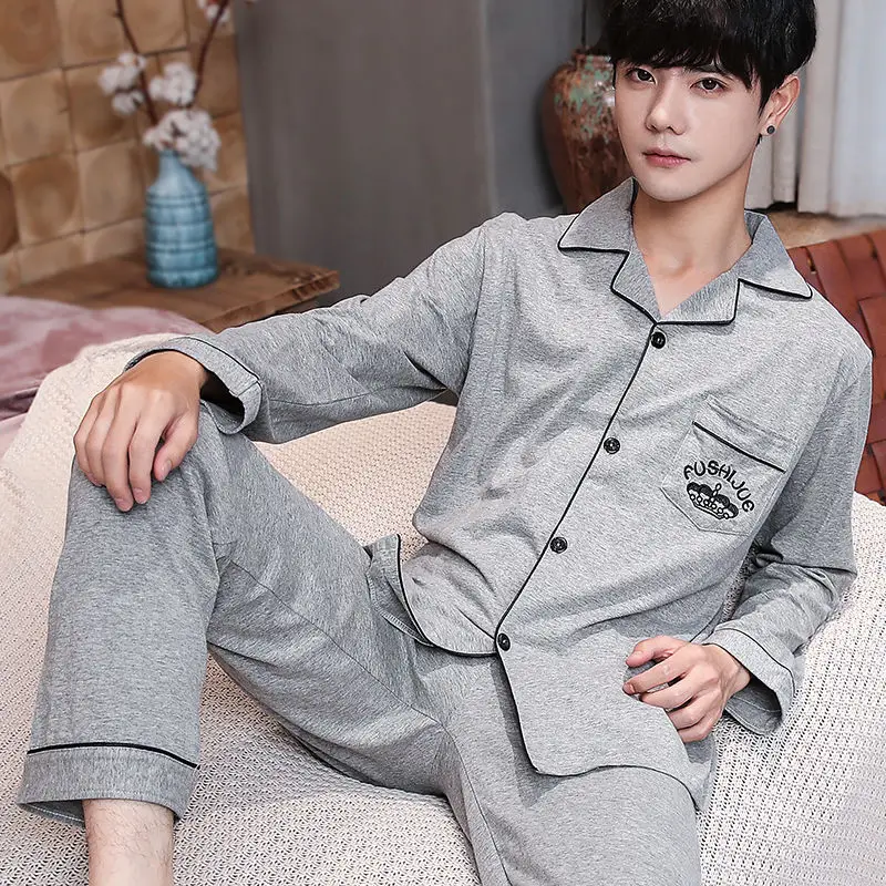 Spring And Summer Cotton Men\'s Pajamas Long-Sleeved Trousers Boys Pajamas Suit Teenagers Casual Homewear Suit