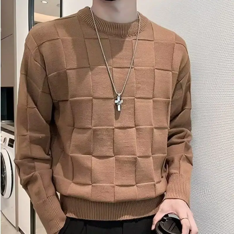 

Мужской трикотажный джемпер свободного кроя с круглым вырезом, осенне-зимний, в клетку, модный, повседневный, с длинным рукавом, из смесового хлопка