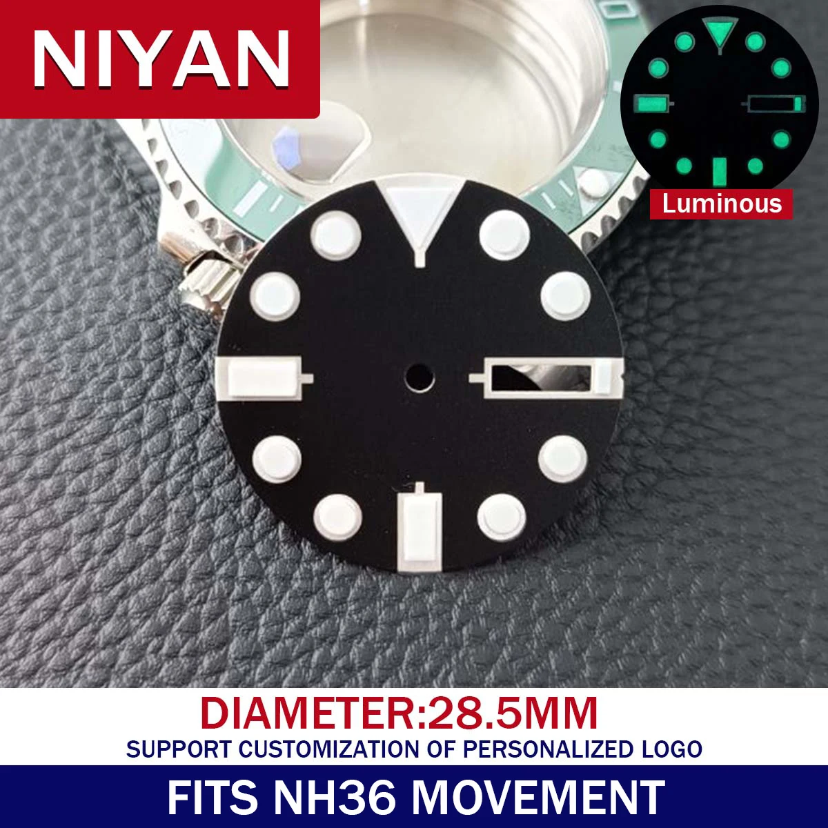 28.5MM Diameter Watch Dial Green Luminous Dial for NH35/36  Watch Movement Accessories Watch Parts For Wristwatches