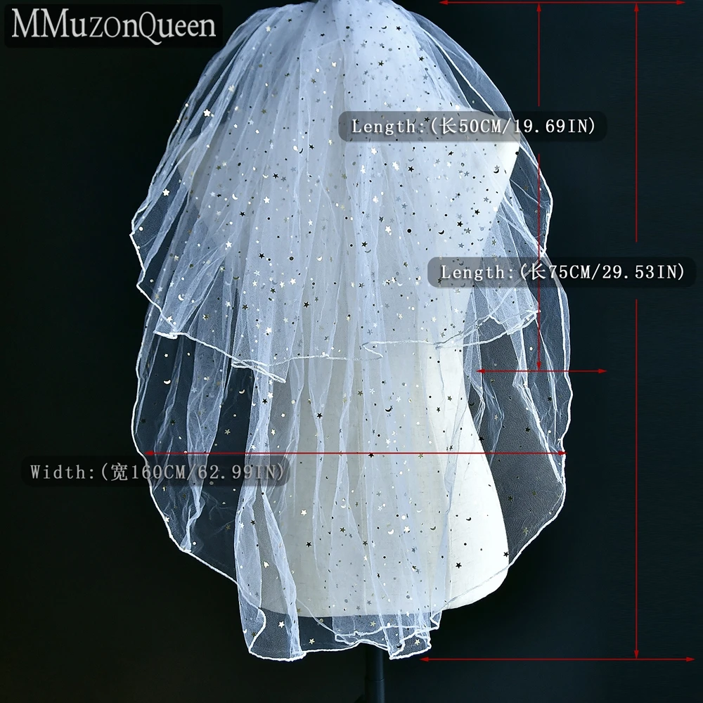 MMQ M14 Star Moon Sequins Veil Hot Sale Wholesale 2 Tier Yarn With Comb Bridal Wedding Veil Engagement Woman Accessories