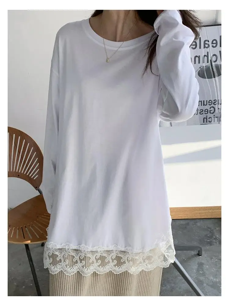 Plus Size 6XL 150kg Autmn Women Lace T-Shirt Ladies Casual Basis O Collar White Black Long Sleeve Ladies T-Shirt