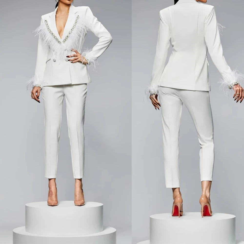 

Женский костюм, вечерние платья, элегантные аппликации из бисера, куртка с перьями, пальто и брюки для женщин, костюмы из двух предметов по индивидуальному заказу