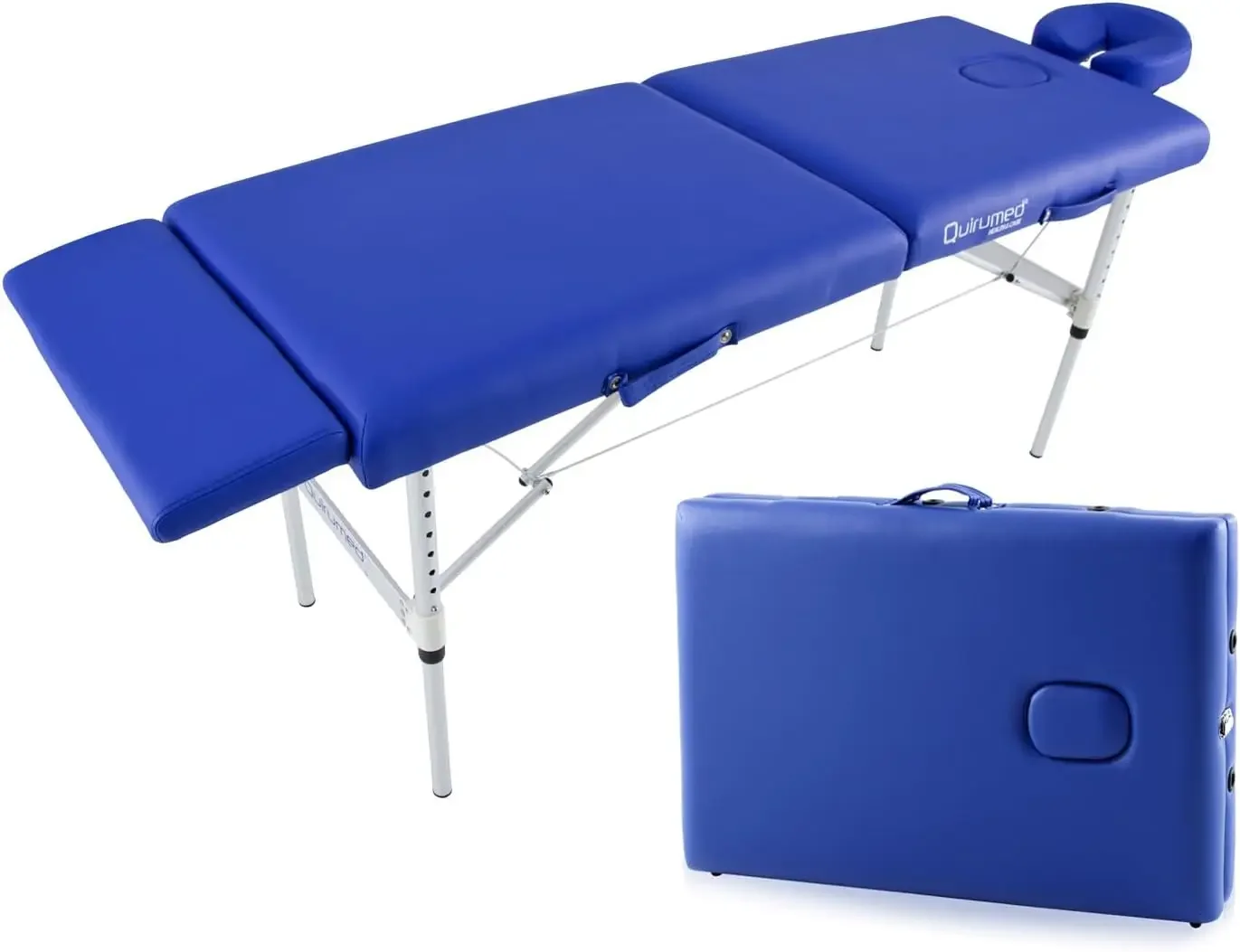 Massage table, Foldable, Aluminium Ultralight, Leatherette, Professional, 200 x 60 cm, Blue, Removable headrest, Face hole, Foot