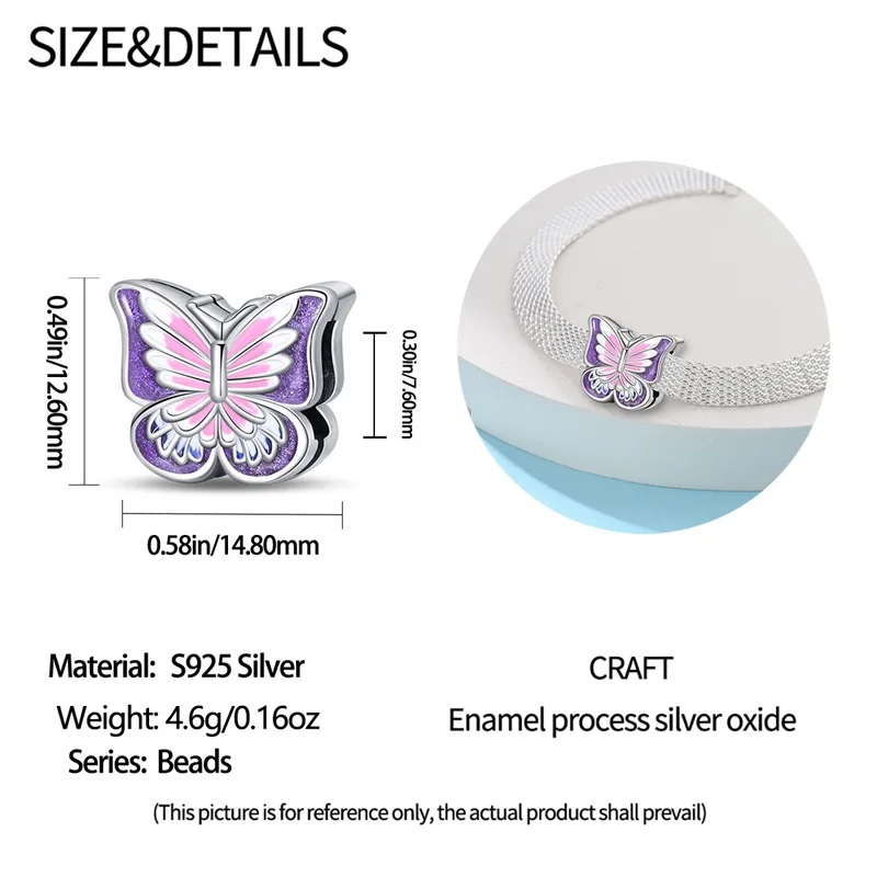 S925 Sterling Silver Flat Bead Series Violet Butterfly Beads Fit 3MM Bracelet DIY Charm For Women Jewelry Fashion Gift Hot