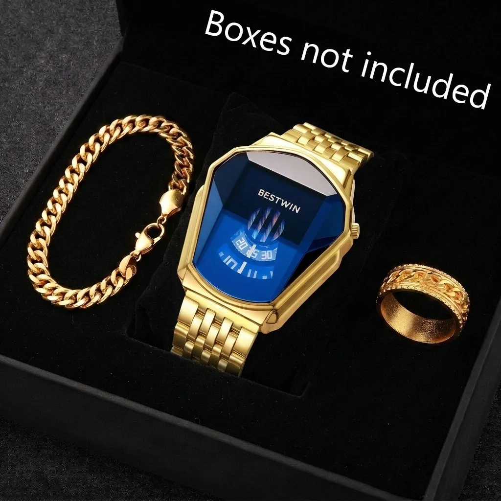 3PCS Luxury Stainless Steel Men Business Watches Jewelry Set Fashion Irregular Quartz Wristwatch Relogio Masculino (Without Box)