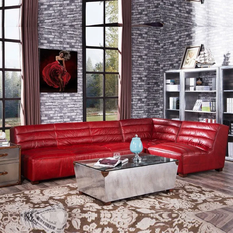 European leather sofa, first-layer cowhide corner sofa, living room combination American country retro sofa American furniture