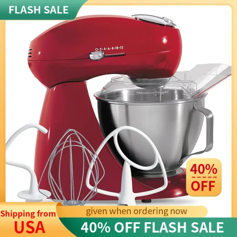 QWQJQWHamilton Beach All-Metal 12-Speed Electric Stand Mixer,Tilt-Head,4.5 Quarts,Pouring Shield,Red