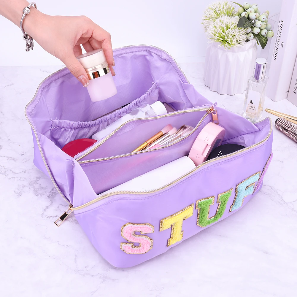 Candy Color Cosmetic Bag Letter Patches Makeup Bag Women\'s Folding Travel Toiletry Kit Women Portable Makeup Organizer Handbags