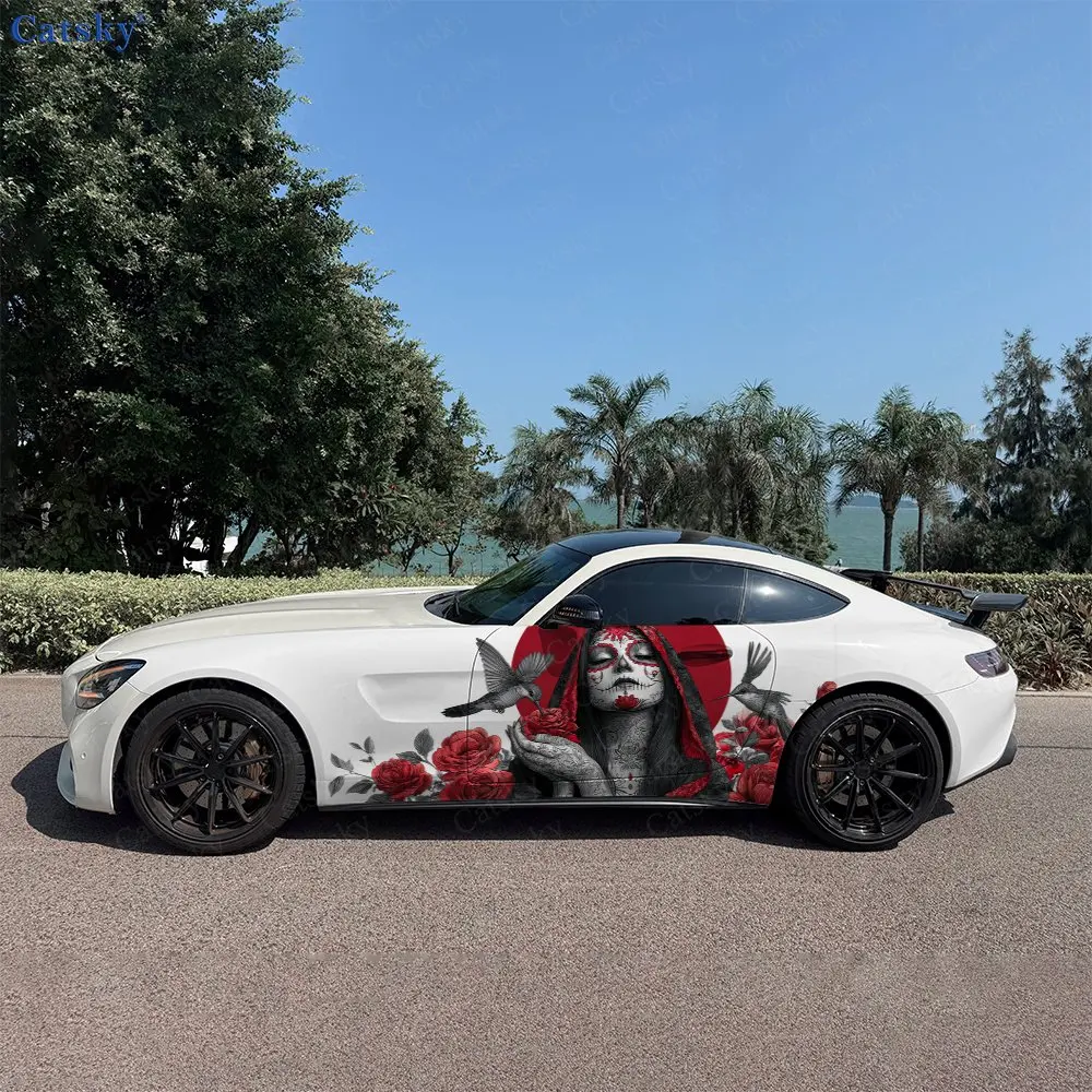 2pcs Roses with Hummingbird Sugar Lady Car Side Wraps, Self-Adhesive PVC Waterproof & Scratch-Resistant Stickers, Car Accessory