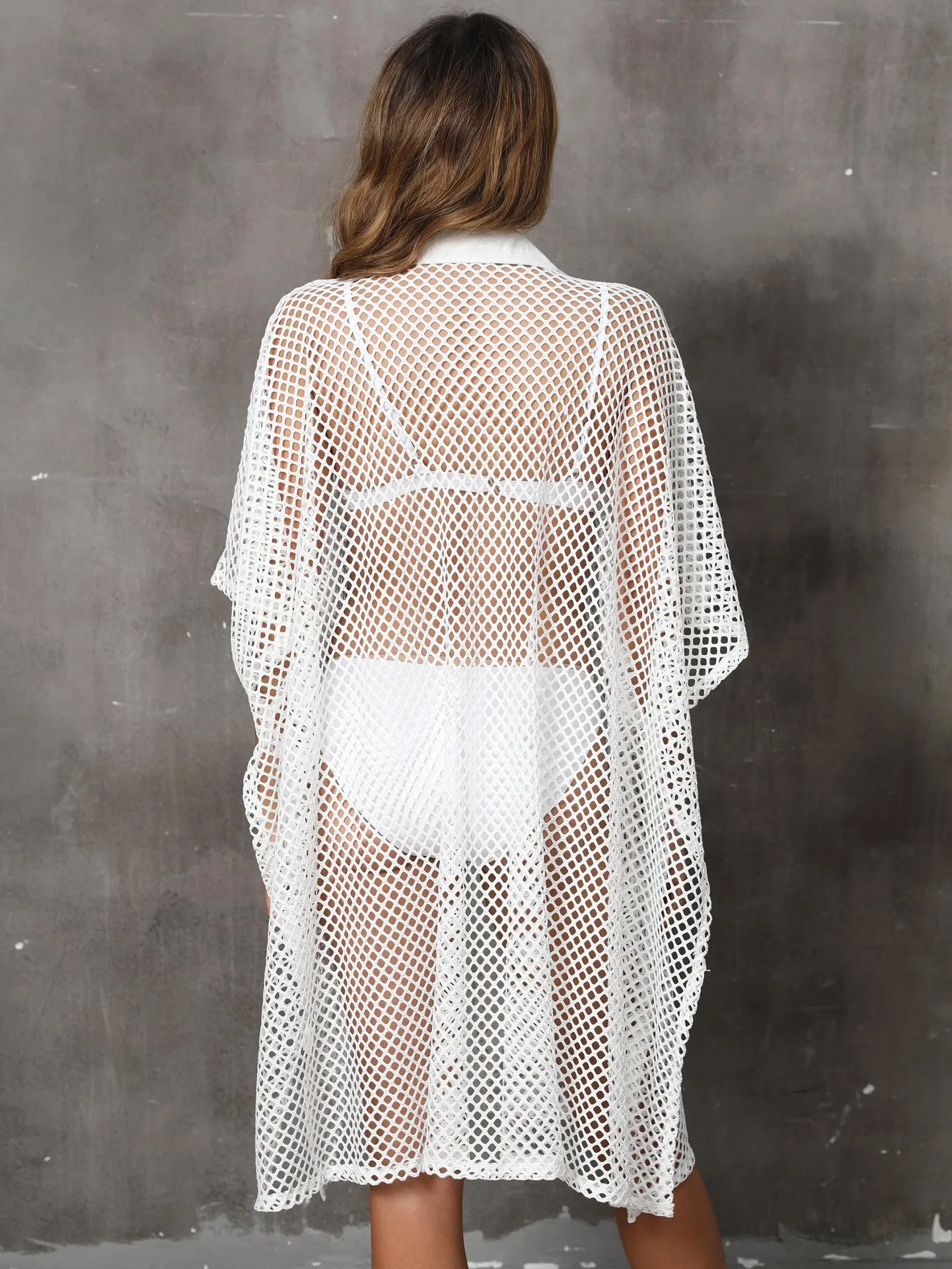 Grille creuse transparente maillot de bain pour femme Bikini cache col boutonné robe de plage chemise chemisier fendu ample taille libre