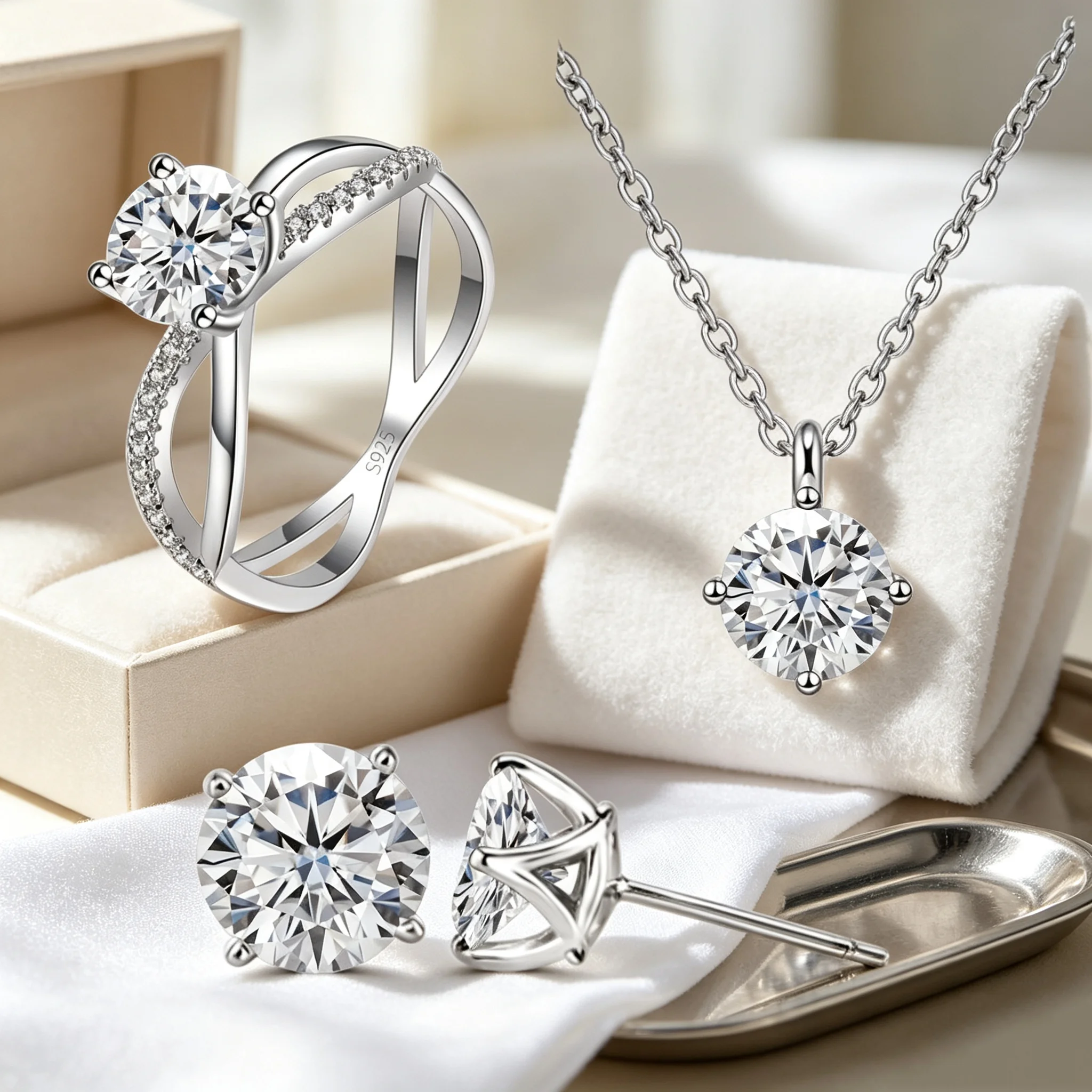 6,5mm 1CT Moissanit-Ohrringe, Anhänger, Halskette, Ring, Original 925 Sterling Silber Ohrringe für Valentinstag Schmuckset Geschenk